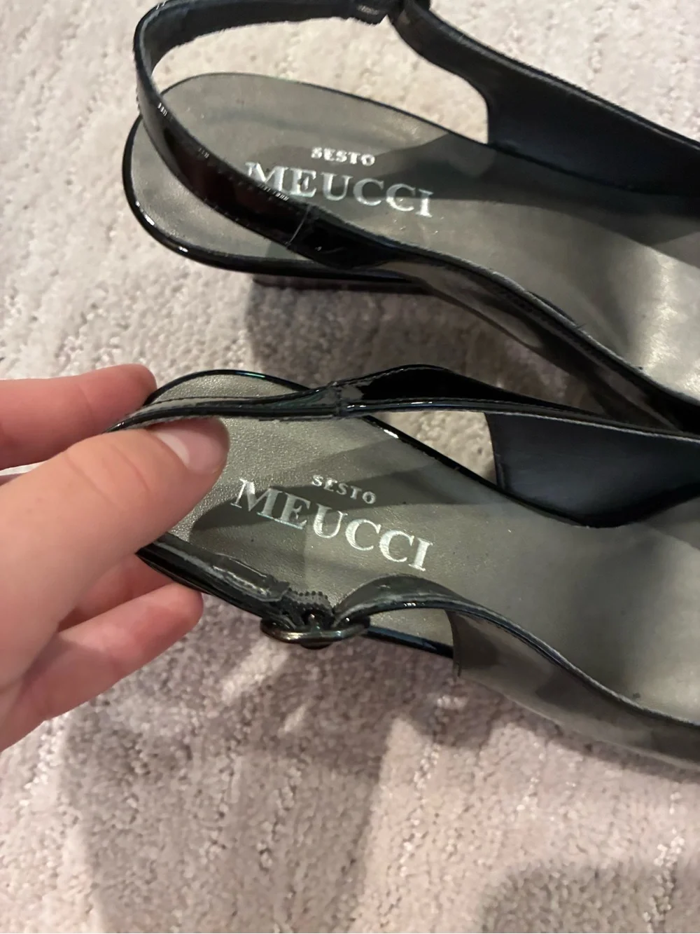 Sesto Meucci Black Patent Slingback Wedges with Tortoiseshell Wedge